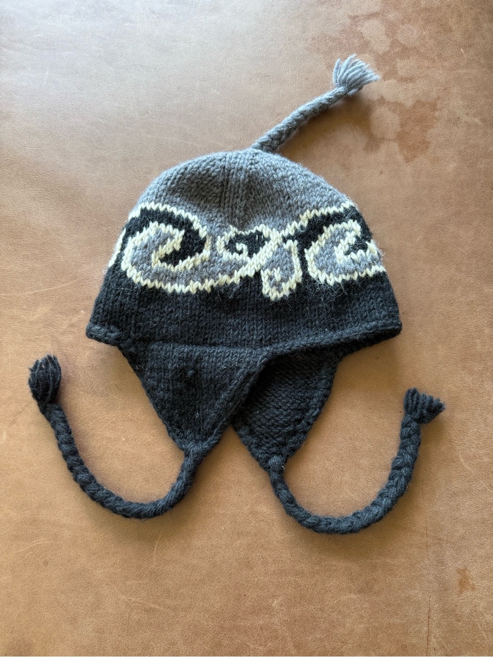 Nepalese Gray and Black Wool Earflap Beanie